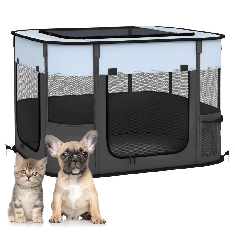 PawHut Dog Pen, Pet Playpen, Portable Foldable Dog Cat Playpen Soft Pet Cage with Storage Bag for Puppies, Rabbits, Kittens, Guinea Pigs, 74 x 60 x 45cm - Grey