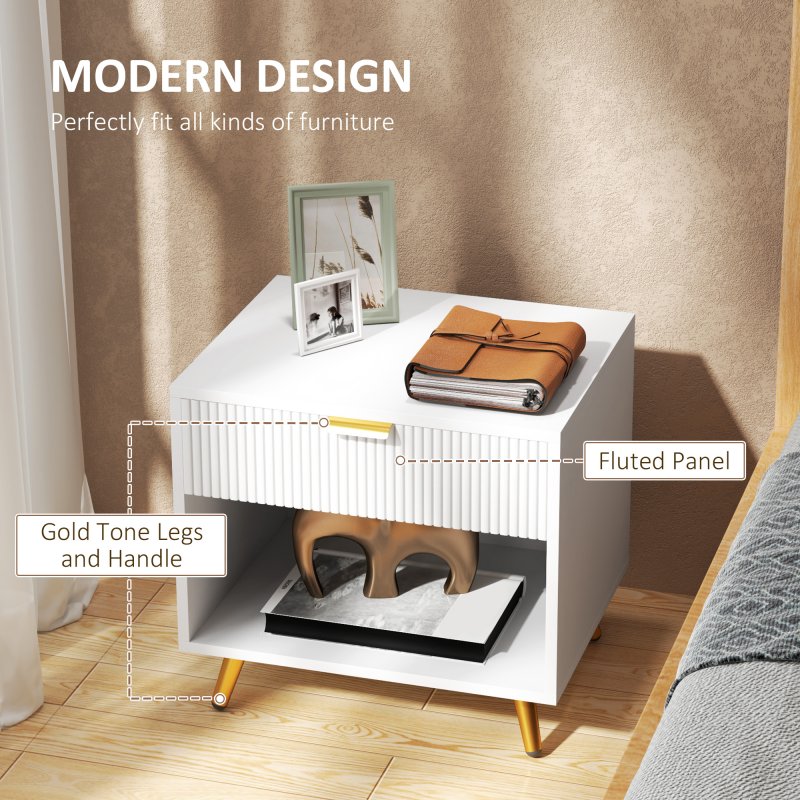 HOMCOM Bedside Table, Bedside Cabinet With Drawer and Open Compartment, Nightstand With Handle for Bedroom, Living Room, White