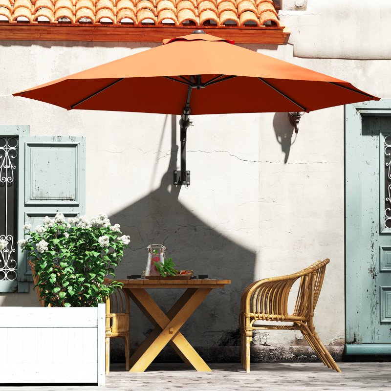 Outsunny 3 M Wall Mounted Garden Parasol Umbrella with Rotate, Outdoor Market Umbrella Sun Shade Canopy with 8 Ribs, Orange