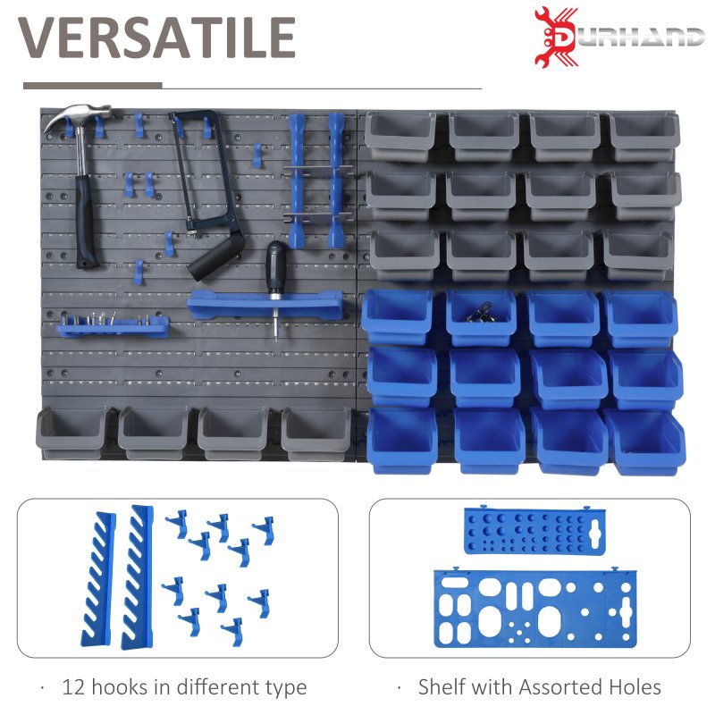 DURHAND 44 Pcs On-Wall Garage DIY Storage Unit with 28 Cubes 10 Hooks 2 Boards Screws Organisation Pegboard Tool Equipment Blue