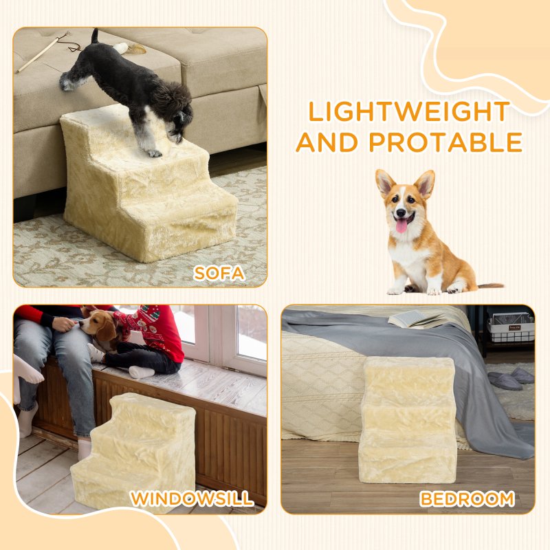PawHut Dog Steps for Sofa, 3 Steps Dog Stairs, Pet Stairs, with Washable Plush Cover, for Small Breeds, Cats - Beige