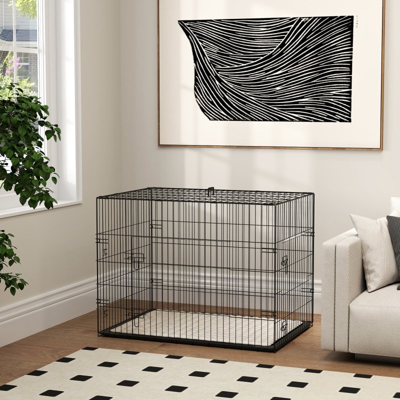PawHut Dog Crate, Folding Metal Dog Cage with Two Doors, Tray, Soft Cushion, for Large Dogs, 91 x 62 x 68 cm, Black