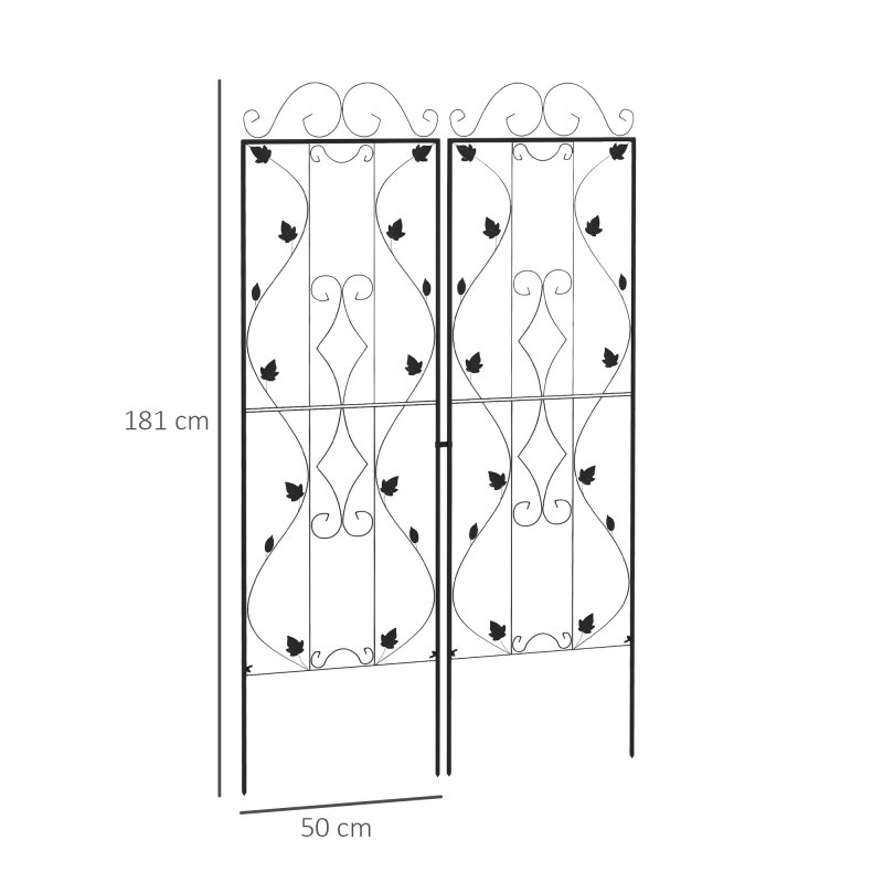 Outsunny Set of 2 Garden Trellis, Metal Trellis for Climbing Plants Support Frames, 50 x 181cm, Leaf Design