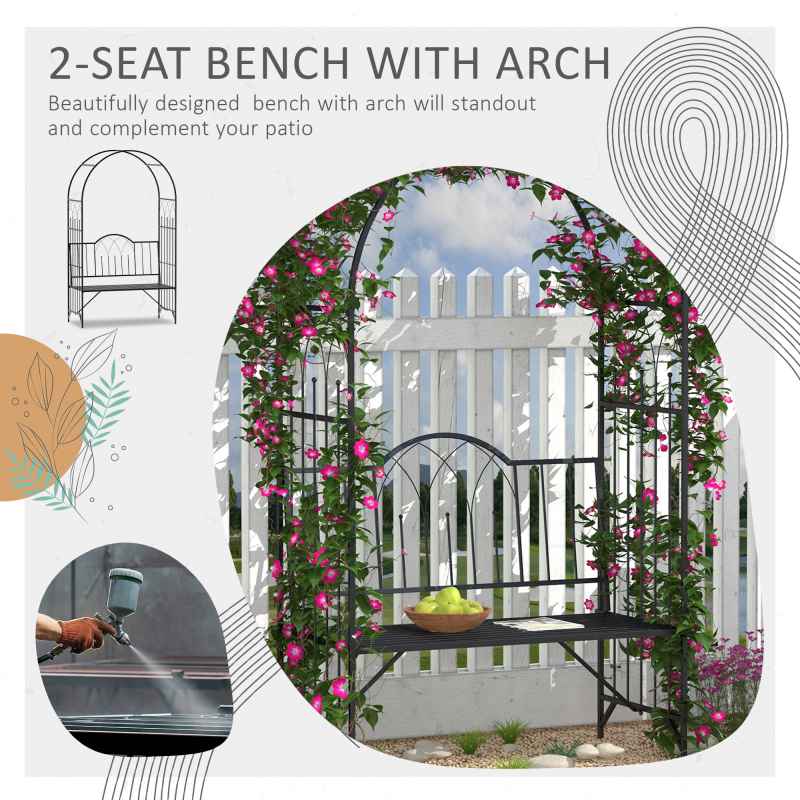 Outsunny Garden Metal Arch Bench Outdoor Patio Rose Trellis Arbour Pergola for Climbing Plant Antique Style 2-Seater Chair, Black
