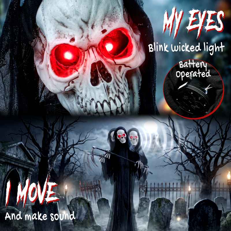 HOMCOM 183cm Life Size Animated Grim Reaper Halloween Decorations Outdoor Indoor, Scary Halloween Animatronics Decor with Sound Touch Activated, Animated Prop with Light Up Eyes for House Garden