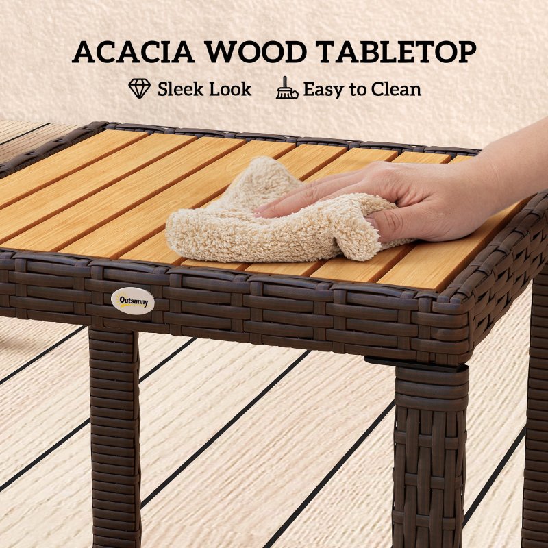 Outsunny 3-Piece Rattan Bistro Set, Patio Table and Chairs Set with Removable Cushions, Rattan Conversation Set with Acacia Wood Table & Adjustable Foot Pads for Garden Balcony, White