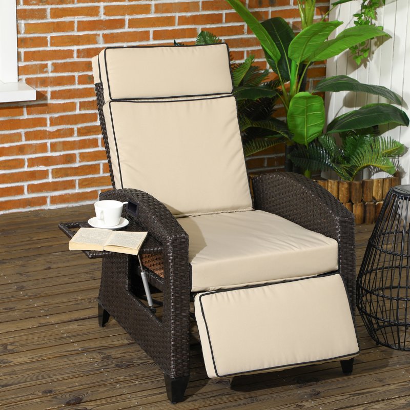 Outsunny Garden Recliner with Cushion, PE Wicker Outdoor Recliner Chair with Adjustable Backrest & Footrest, Rattan Recliner Chair with Armrests and Side Tray for Balcony, Porch, Khaki/Brown