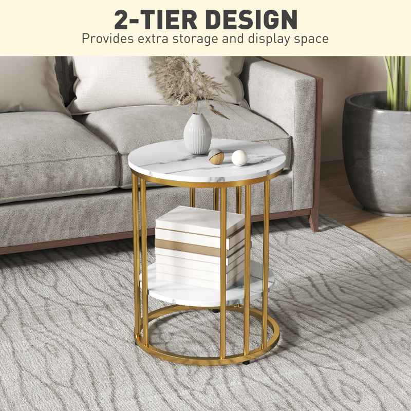 HOMCOM Round Coffee Table Set of 2, Marble-Effect Side Tables with Storage Open Shelf and Steel Frame for Living Room, Bedroom, Gold Tone