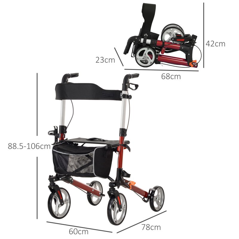 HOMCOM Folding Rollator Walker with Seat and Backrest, for Tall Over 6'9", Lightweight Walking Frame with Storage Bag, Dual Brakes, Adjustable Handle Height, Cane Holder, 4 Wheeled Walker for Seniors