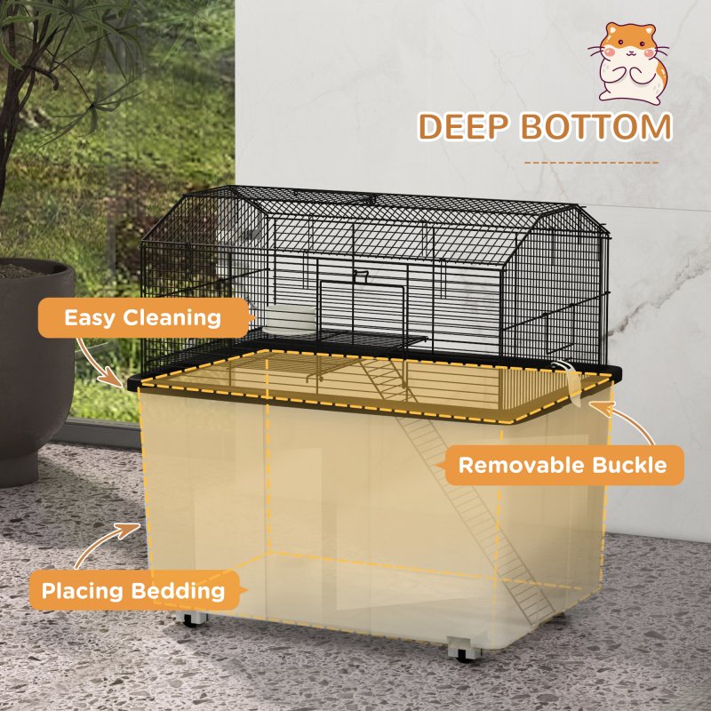 PawHut Hamster Cage, Gerbil Cage 2 Tier with Wheels, Deep Bottom, Ramp, Food Dish, Water Bottle, for Dwarf, Syrian, 57 x 43 x 57cm - Black