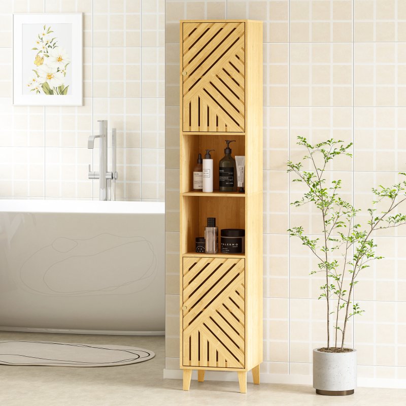 HOMCOM Tall Bathroom Cabinet with Bamboo Doors and Legs, Slim Bathroom Storage Cabinet, Freestanding Storage Cupboard with Open Compartments, Adjustable Shelves, 32 x 30 x 170 cm, Natural Wood Finish