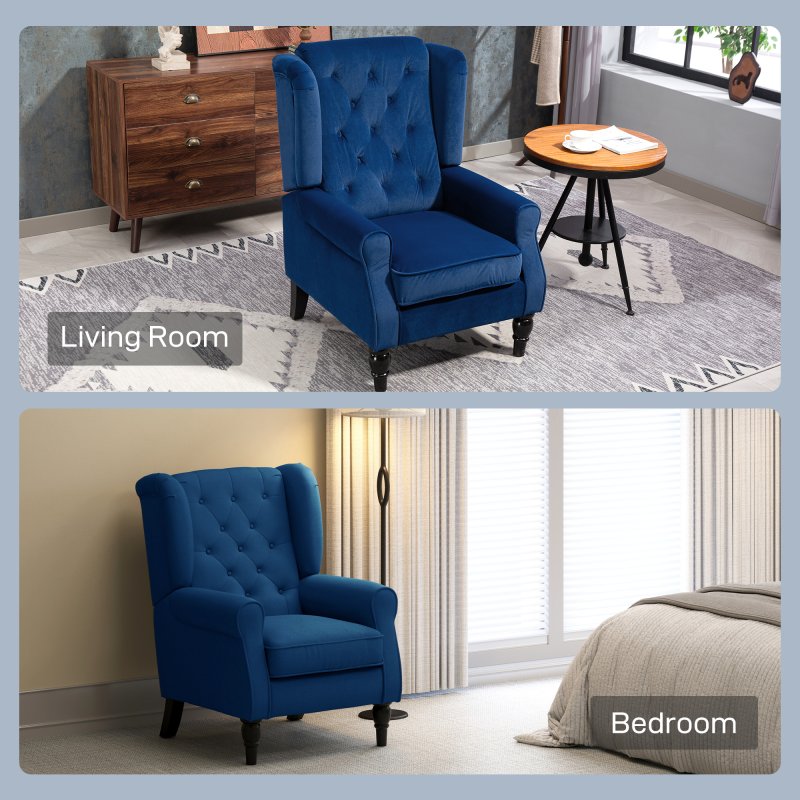 HOMCOM Retro Accent Chair, Velvet Wingback Armchair with Wood Frame Button Tufted Design for Living Room Bedroom, Blue