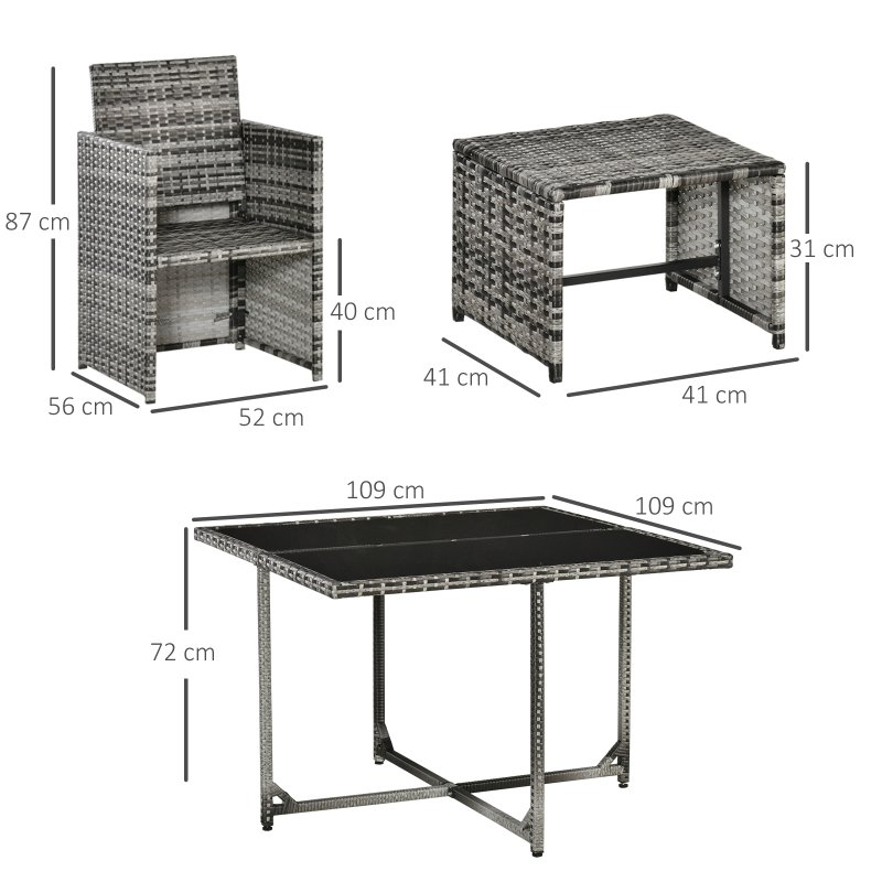 Outsunny 8 Seater Rattan Cube Garden Furniture Set, Rattan Dining Set with Cushions, Outdoor Dining Table and Chairs with 4 Armchairs, 4 Stools, Square Glass Top Table, Mixed Grey