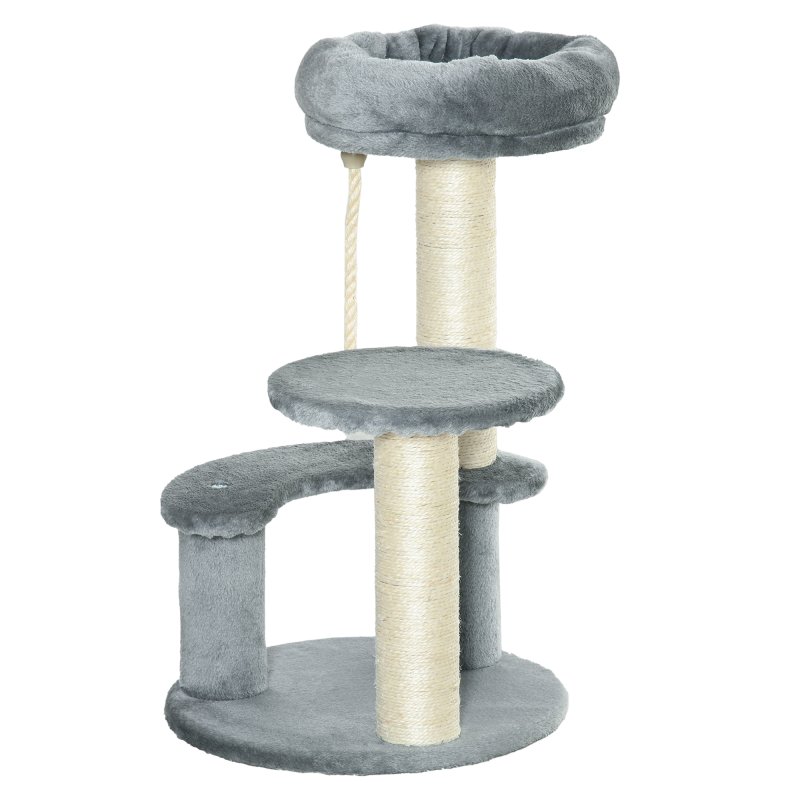 PawHut 65cm Cat Tree, Cat Tower for Kittens, Small Cat Condo with Sisal Scratching Posts, Hanging Rope, Perches - Grey