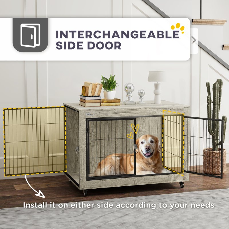 PawHut Dog Crate Furniture on Wheels, Dog Cage End Side Table with Lockable Double Doors, for Large Breeds, 100 x 60 x 73.5cm, Grey