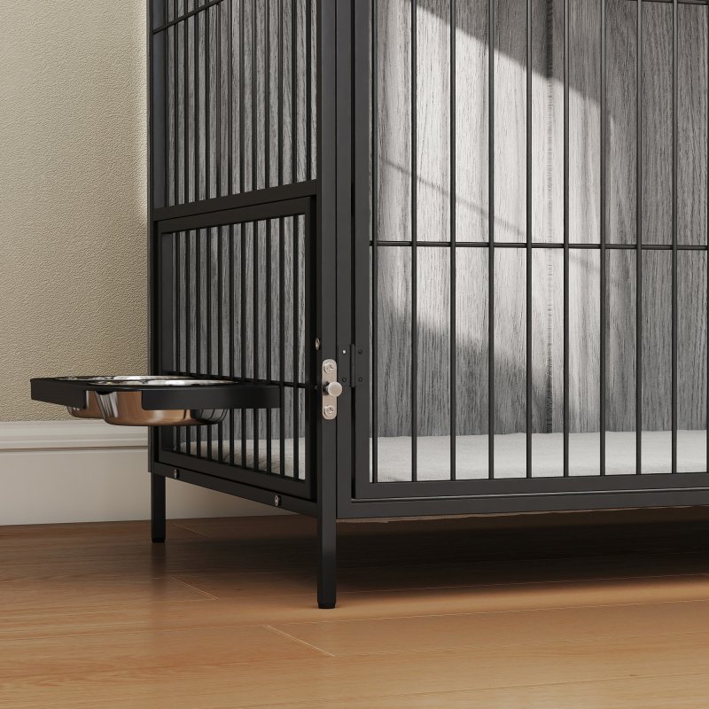 PawHut Dog Crate Furniture with 2 Rotatable Bowls, Dog Crate End Table with 2 Anti-Escape Doors, Storage Shelf, for Large Dogs, 100 x 60 x 88 cm, Grey