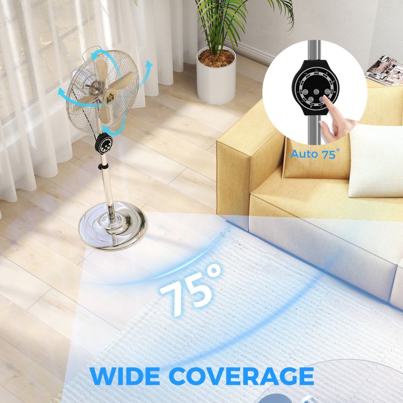 HOMCOM 16" Metal Pedestal Fan, Electric Standing Floor Fan, Oscillating, Adjustable Height, 3 Speed, 7.5H Timer, Remote Control, Sleep Mode, for Home Office Bedroom, Silver Tone