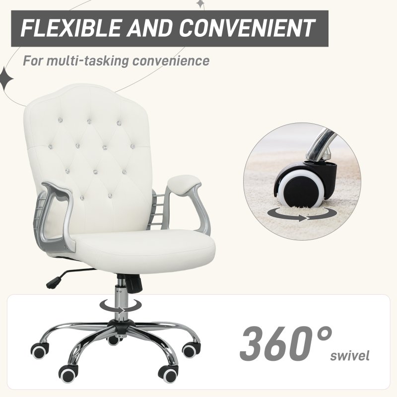 Vinsetto Home Office Chair, Velvet Computer Chair, Button Tufted Backrest with Swivel Wheels, Adjustable Height and Tilt Function, Cream White