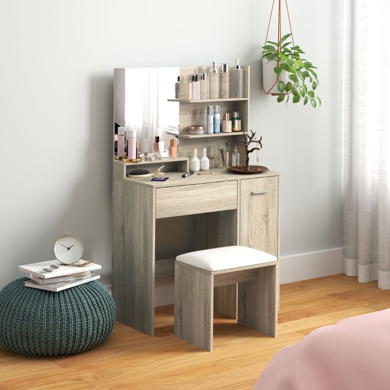 HOMCOM Dressing Table with Mirror and Stool, Vanity Table, Modern Makeup Desk with Drawer, Storage Cabinet and Adjustable Shelf for Bedroom, Natural Wood Finish