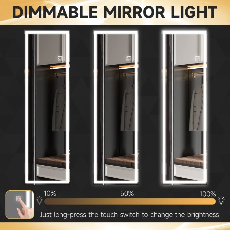HOMCOM Full Length Mirror with LED Light, 120 x 40cm Long Wall Mirror with 3 Colour, Smart Touch, for Living Room, Bedroom, Hallway