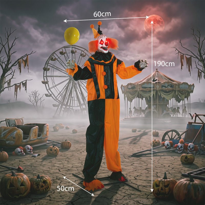 HOMCOM 190cm Life Size Animated Clown Halloween Decorations Outdoor Indoor, Scary Halloween Animatronics Decor with Sound Touch Activated, Red Light Up Eyes, Animated Prop for Haunted House Garden