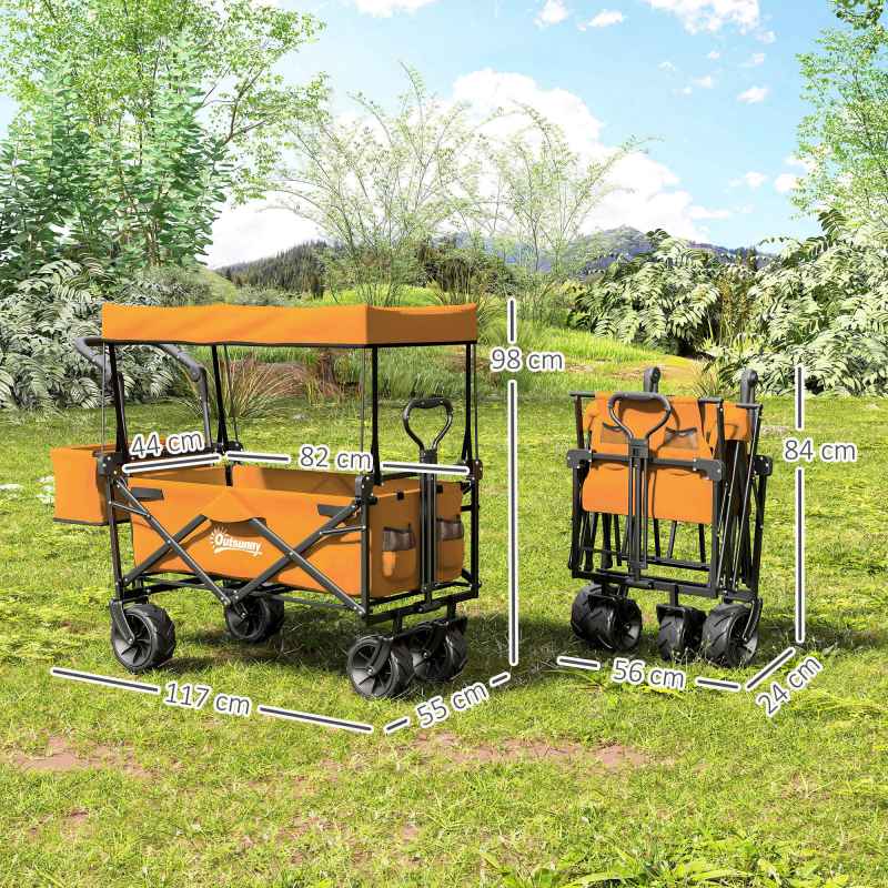 Outsunny 120L Festival Trolley on Wheels, Folding Camping Trolley Cart with Removable Canopy, All-Terrain Wheels, Adjustable Handle and Side Pockets for Garden Beach Fishing Shopping, Orange
