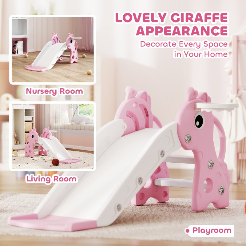AIYAPLAY 3 in 1 Kids Slide, Giraffe Shape Toddler Slide with Climber, Basketball Hoop and Ball, Indoor Playground Equipment for Age 1-3, Pink
