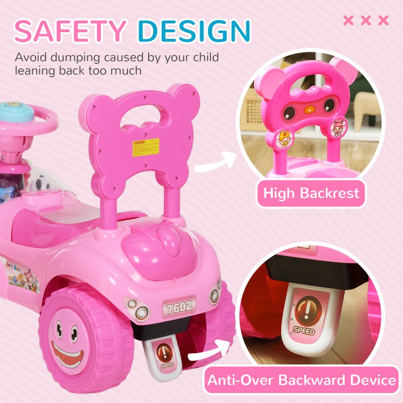 AIYAPLAY Ride on Car, Push Along Toy, Toddler Car Foot to Floor with Under Seat Storage, Anti-Over-Backwards Device, Horn, Music, Light, for 18-36 Months, Pink