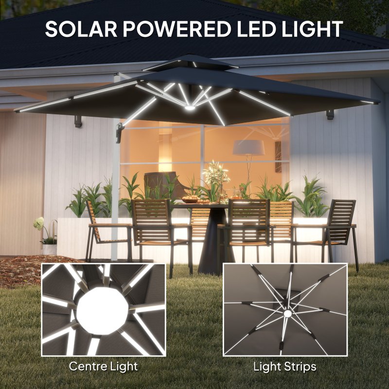 Outsunny 3(m) Garden Cantilever Parasol with Solar LED Lights, Overhanging Patio Umbrella with Cross Base, 360 Rotation, Crank Handle and Tilt, 8-Rib Outdoor Hanging Sun Shade, Grey