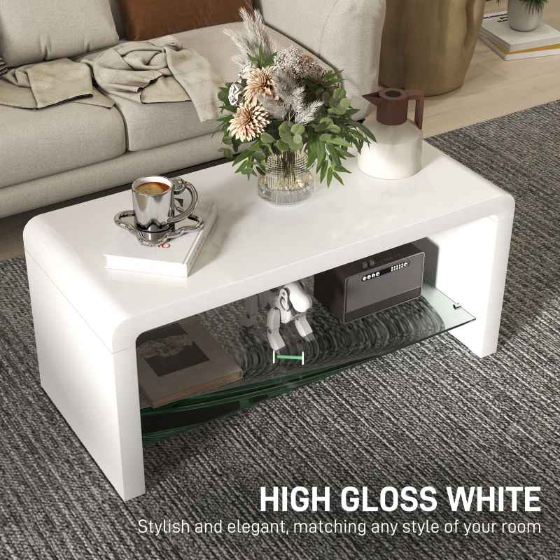 HOMCOM High Gloss Coffee Table with Storage, Two-Tier Living Room Table with Glass Shelf, Modern Centre Table for Home Office, 100 x 45 x 45cm, High Gloss White
