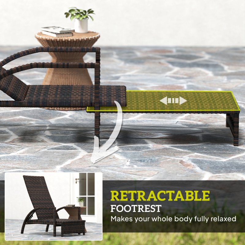 Outsunny PE Rattan Sun Lounger, Garden Lounger with 4-Level Adjustable Backrest, Outdoor Sunbed with Retractable Footrest for Balcony, Beach, Patio, Mixed-brown