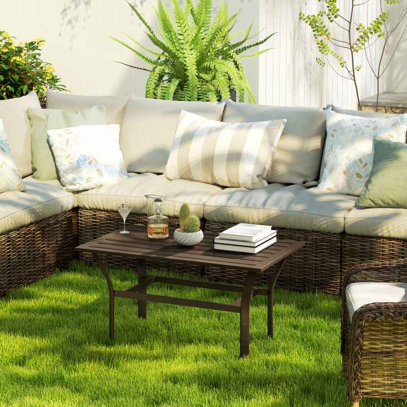 Outsunny Metal Garden Coffee Table, Rectangular Outdoor Side Table with Slatted Tabletop, Foot Pads for Outside, Garden, Balcony, Porch, 91.5 x 55 x 45cm, Brown