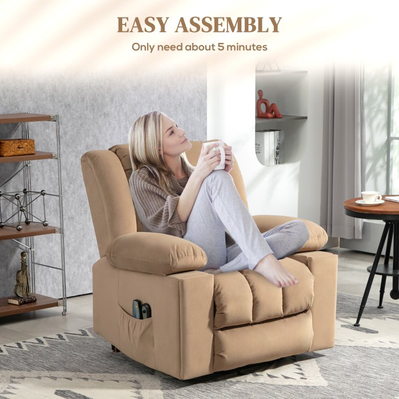 HOMCOM Power Lift Recliner Chair with Vibration Massage and Heat, Electric Lift Chair for Elderly, Overstuffed Fabric Riser and Reclining Armchair with USB Ports, Cup Holders, Light Brown