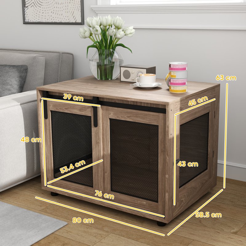 PawHut Dog Crate Furniture, Dog Cage End Table with Sliding Door, Pet Kennel for Medium Breeds, 80 x 58.5 x 63cm, Walnut Brown