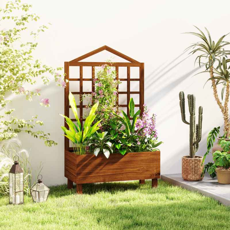 Outsunny Wooden Planters with Trellis for Vine Climbing, Raised Beds for Garden Patio, Outdoor Planter Box for Vegetables, Flowers, Herbs, Distressed Brown