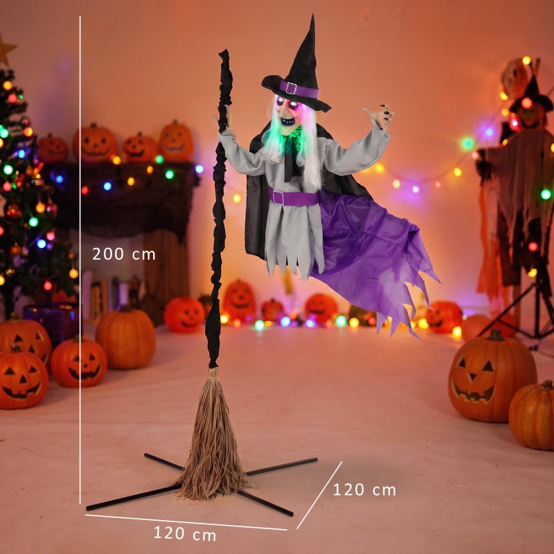 HOMCOM 200cm Life Size Animated Flying Witch Halloween Decorations Outdoor Indoor, Scary Halloween Animatronics Decor with Sound Touch Activated, Light Up Animated Prop for Yard Garden
