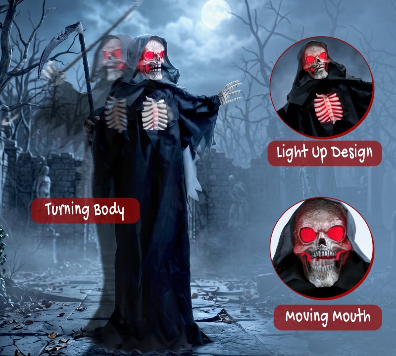 HOMCOM 67"/170cm Life Size Animated Grim Reaper Halloween Decorations Outdoor Indoor, Scary Halloween Animatronics Decor with Sound Touch Activated, Animated Prop with Light Up Eyes for House Garden