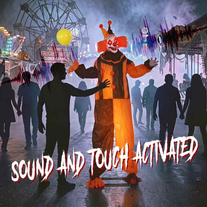 HOMCOM 190cm Life Size Animated Clown Halloween Decorations Outdoor Indoor, Scary Halloween Animatronics Decor with Sound Touch Activated, Red Light Up Eyes, Animated Prop for Haunted House Garden