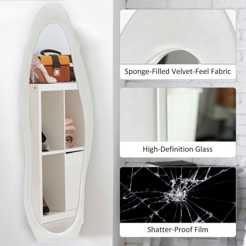 HOMCOM Irregular Wavy Mirror Full Length 160x50cm, Arched Floor Standing Mirror, Leaning or Wall Mounted, Velvet Wrapped Floor Mirror for Bedroom, Living Room, White