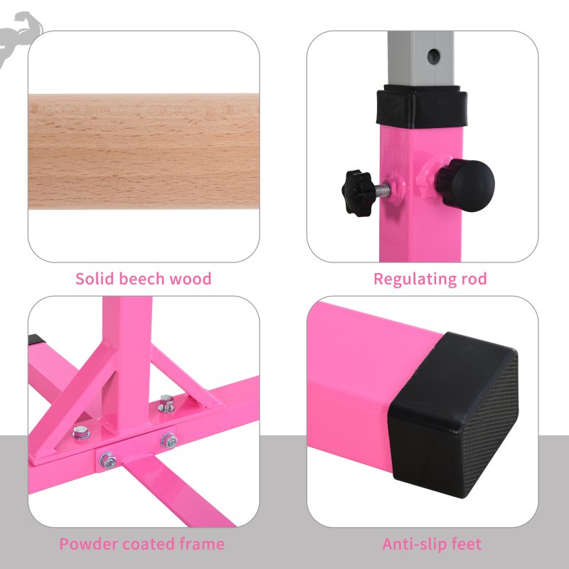 HOMCOM Height Adjustable Gymnastics Horizontal Bar For Kids Home Gym Training Children Junior Kip High Bar Fitness, Pink