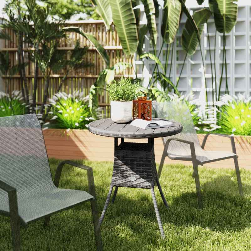 Outsunny 70 cm Outdoor Dining Table, PE Rattan Patio Table with Wood-plastic Composite Top for Balcony, Garden, Grey