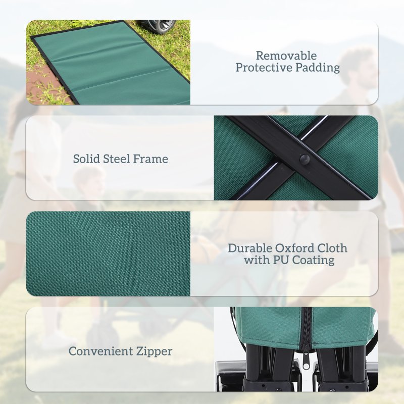 Outsunny 140L Festival Trolley on Wheels, Folding Camping Trolley Cart with Telescopic Handle, Big Wheels for Outdoor Garden Beach Fishing, Green