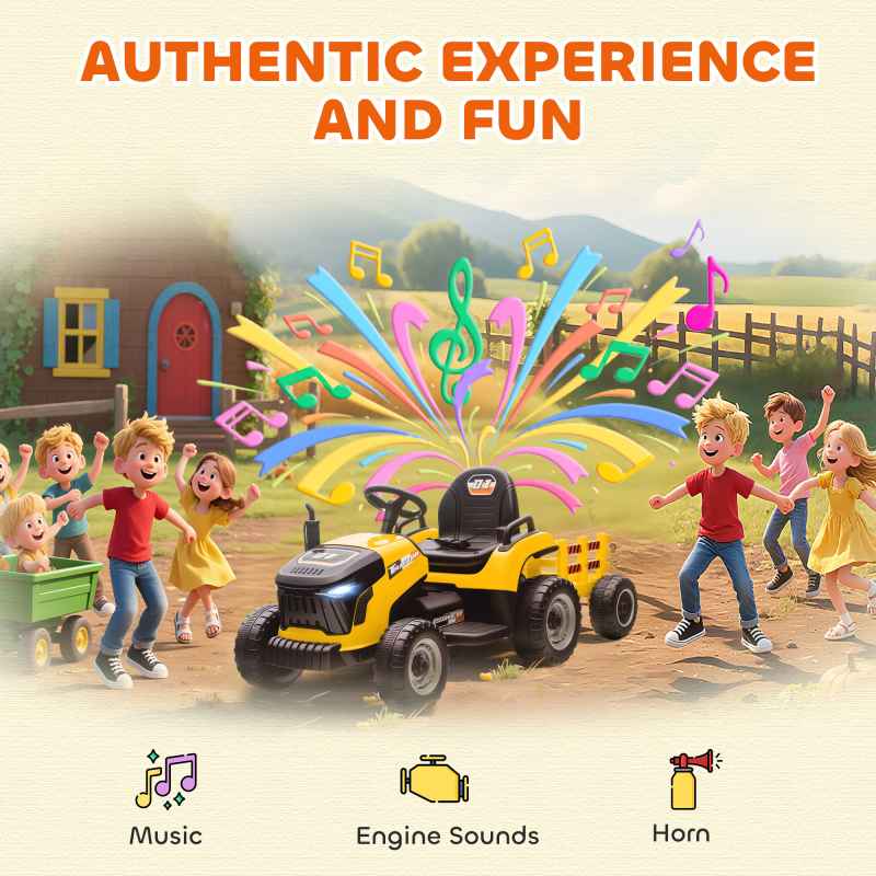 AIYAPLAY Ride on Tractor with Trailer, 12V Electric Vehicle with Remote Control, Ride on Car for Kids with Music, Shifter, Start-Up Sound for Ages 3-8 Years, Yellow