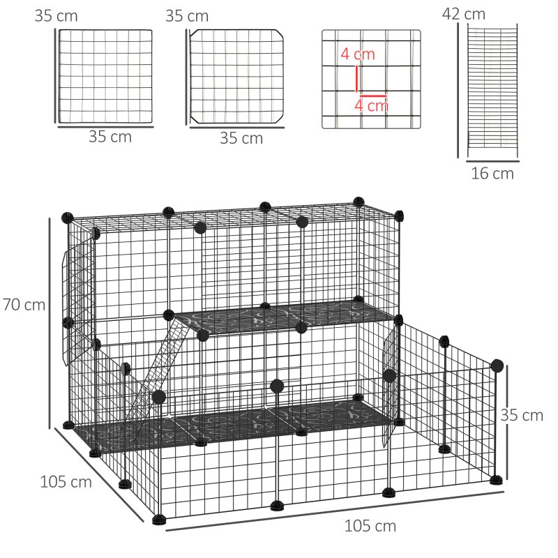 PawHut Pet Playpen w/ Door Customisable Fence for Guinea Pigs Chinchillas Hedgehogs - Black