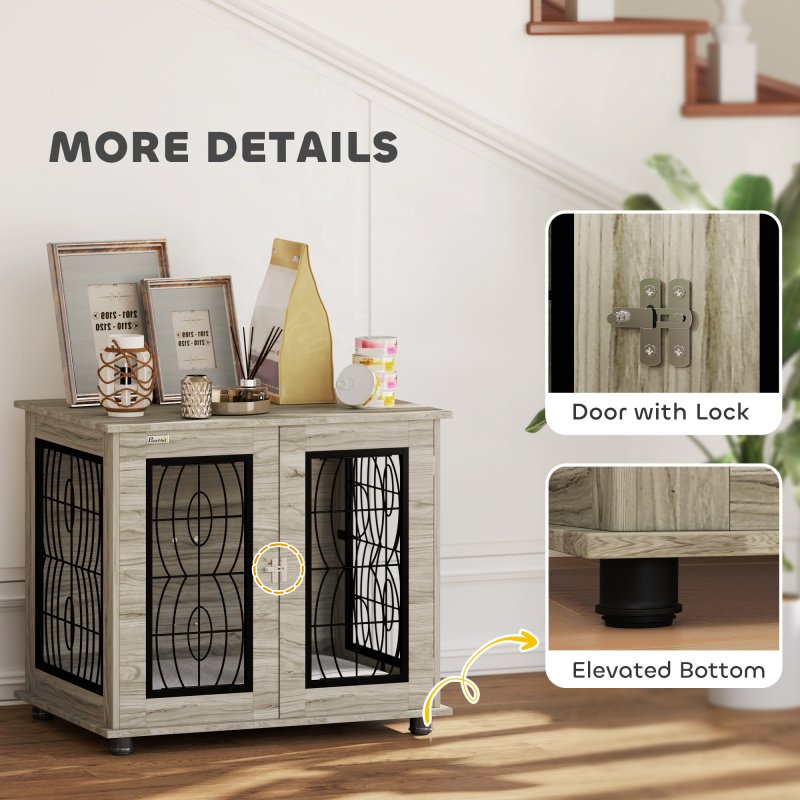 PawHut Dog Crate Furniture, Dog Cage with Soft Washable Cushion, Furniture-Style Pet Kennel Indoor House End Side Table for Small Medium Breeds, 80 x 56 x 63 cm, Grey