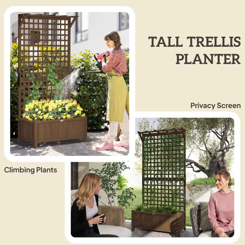 Outsunny Wood Planter with Trellis for Climbing Plants, Raised Bed, Planter Box with Drainage Holes to Grow Vegetables, Herbs and Flowers for Garden, Patio, Yard, Brown