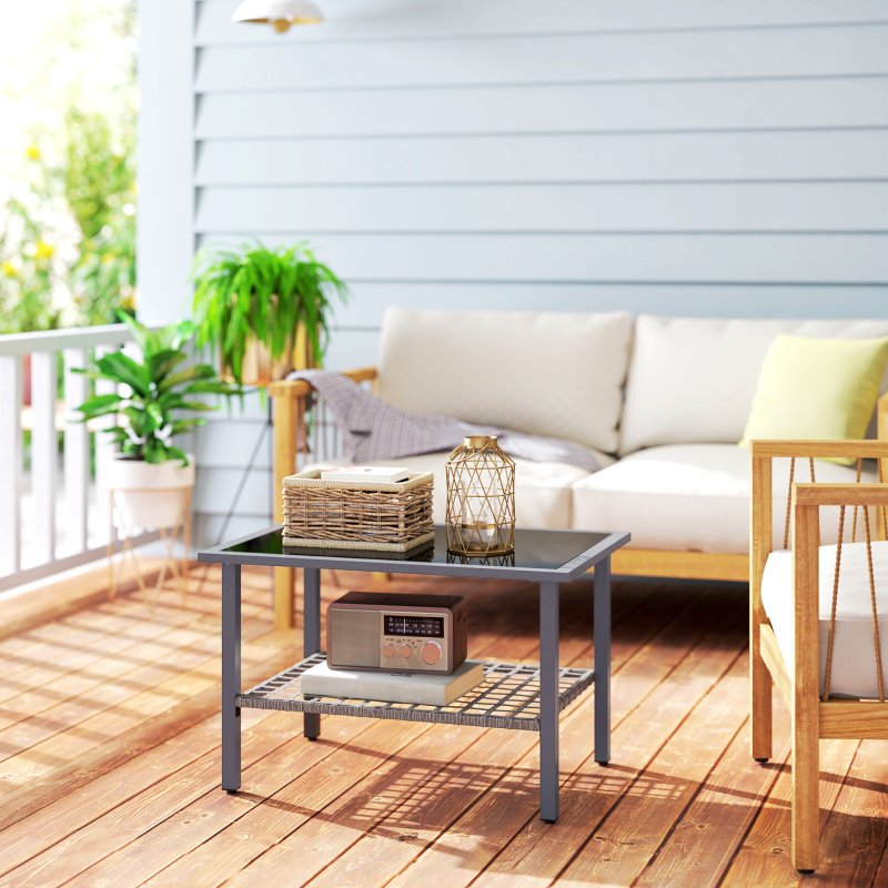 Outsunny Outdoor Rattan Coffee Table, Rectangular Tea Side Table with Tempered Glass Top, Storage Shelf, Foot Pads, Garden Furniture for Patio, Balcony, Mixed-grey