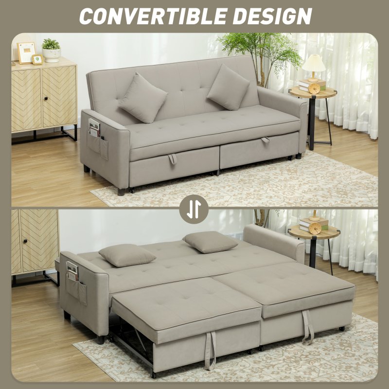 HOMCOM Sectional Sofa Bed, L-Shaped 3 Seater Sofa Bed, Reversible Sleeper Sofa with Pull Out Couch Bed, Cushions, Fabric Futon Sofa Bed for Living Room, Beige