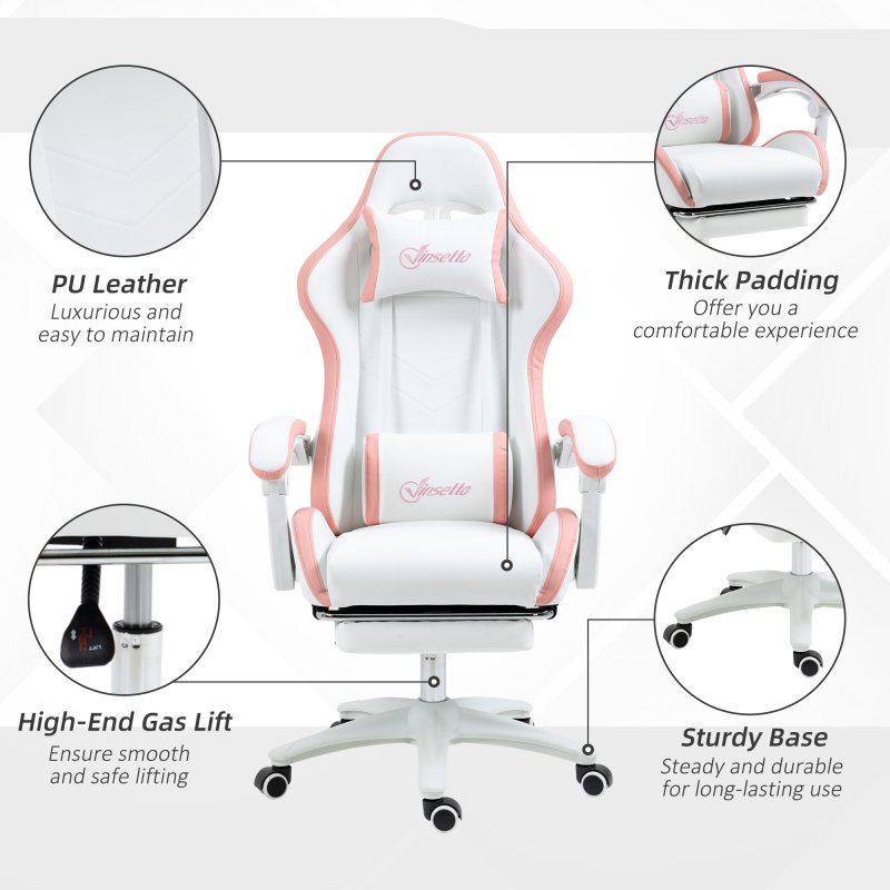 Vinsetto Computer Gaming Chair, PU Leather Office Desk Chair with Footrest, Swivel Wheels, 135?? Reclining Back, Lumbar Support, Headrest for Home, White and Pink