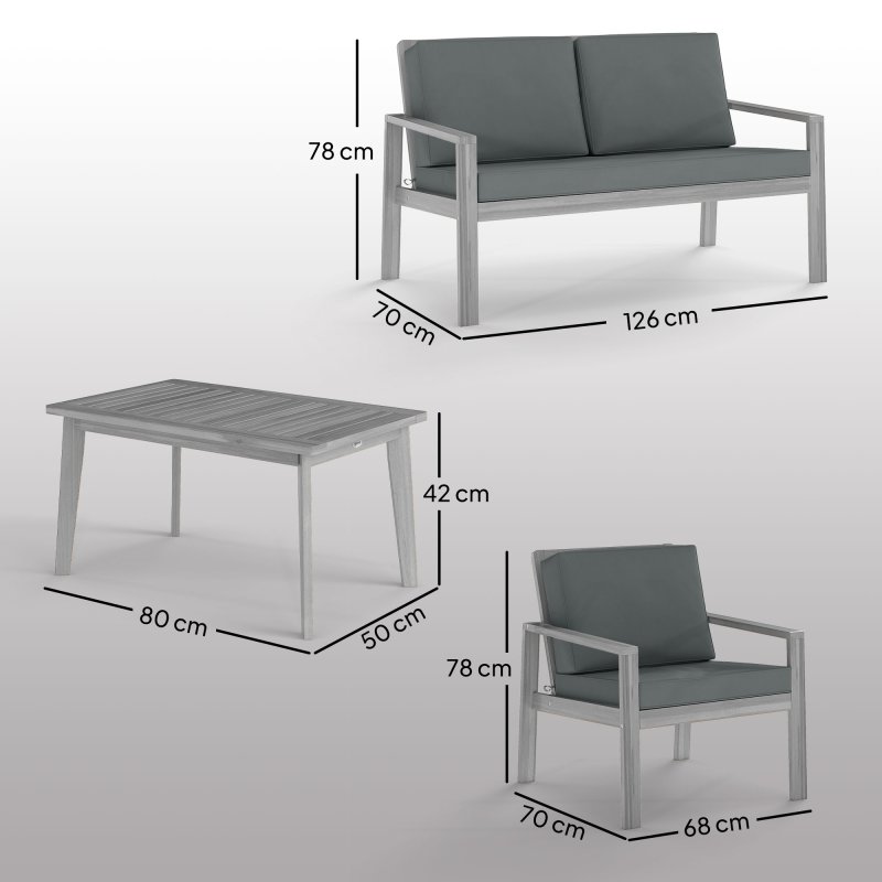 Outsunny 4 Pieces Garden Furniture Set with Cushions, Wooden Garden Sofa Set with 1 Loveseat, 2 Armchairs and 1 Coffee Table, Outdoor Table and Chairs for Conservatory, Balcony, Patio, Light Grey